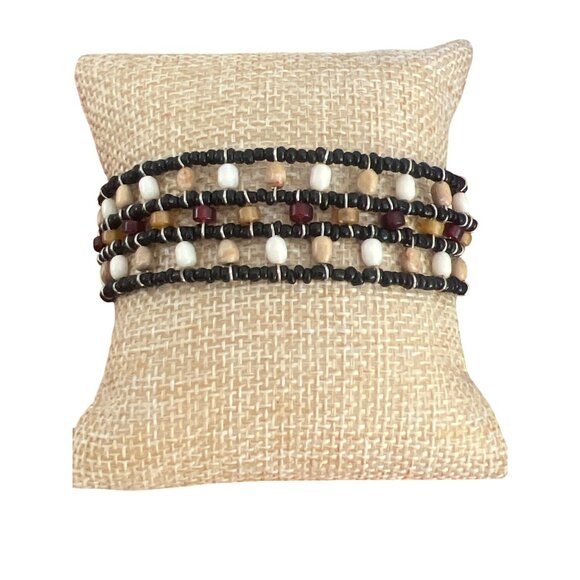 Bohemian Multi-Strand Beaded Bracelet Seed Bead Cuff Black Button Clasp 7" - Picture 1 of 5